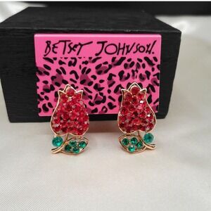 Betsey Johnson Red Rhinestone Tulip Stud Earrings Gold Tone Flower Green Leaves